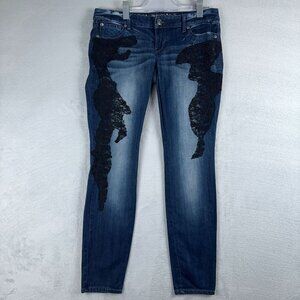Express Jeans Ultra Skinny Black Lace Detail Women Size 8 Slim Fit Low Rise Blue